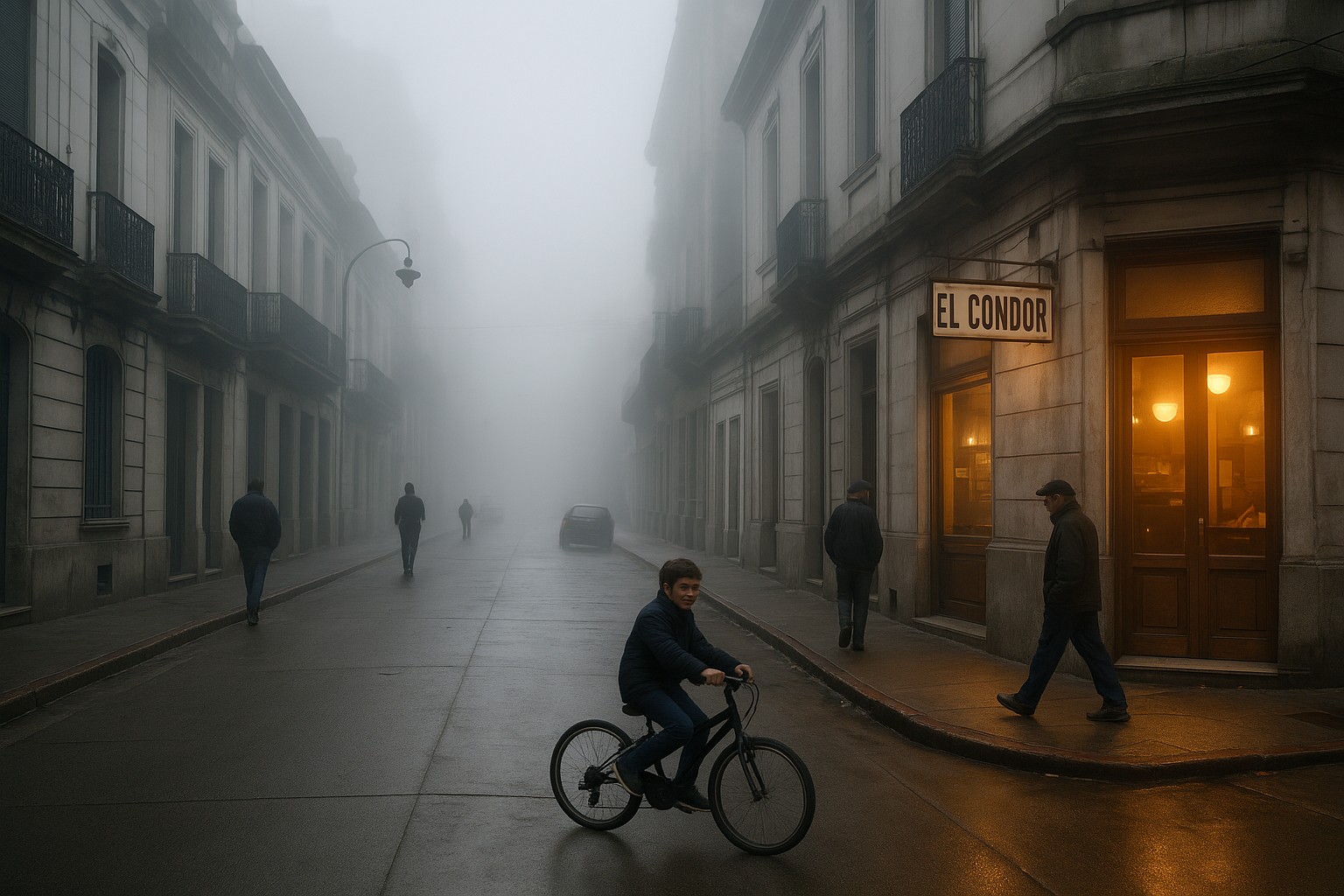 Straßenszene in Montevideo an einem nebligen Morgen: Ein Junge fährt Fahrrad, während Fußgänger durch den dichten Nebel gehen. Rechts leuchtet ein Café-Schild „El Condor“ warm durch die trübe Atmosphäre.