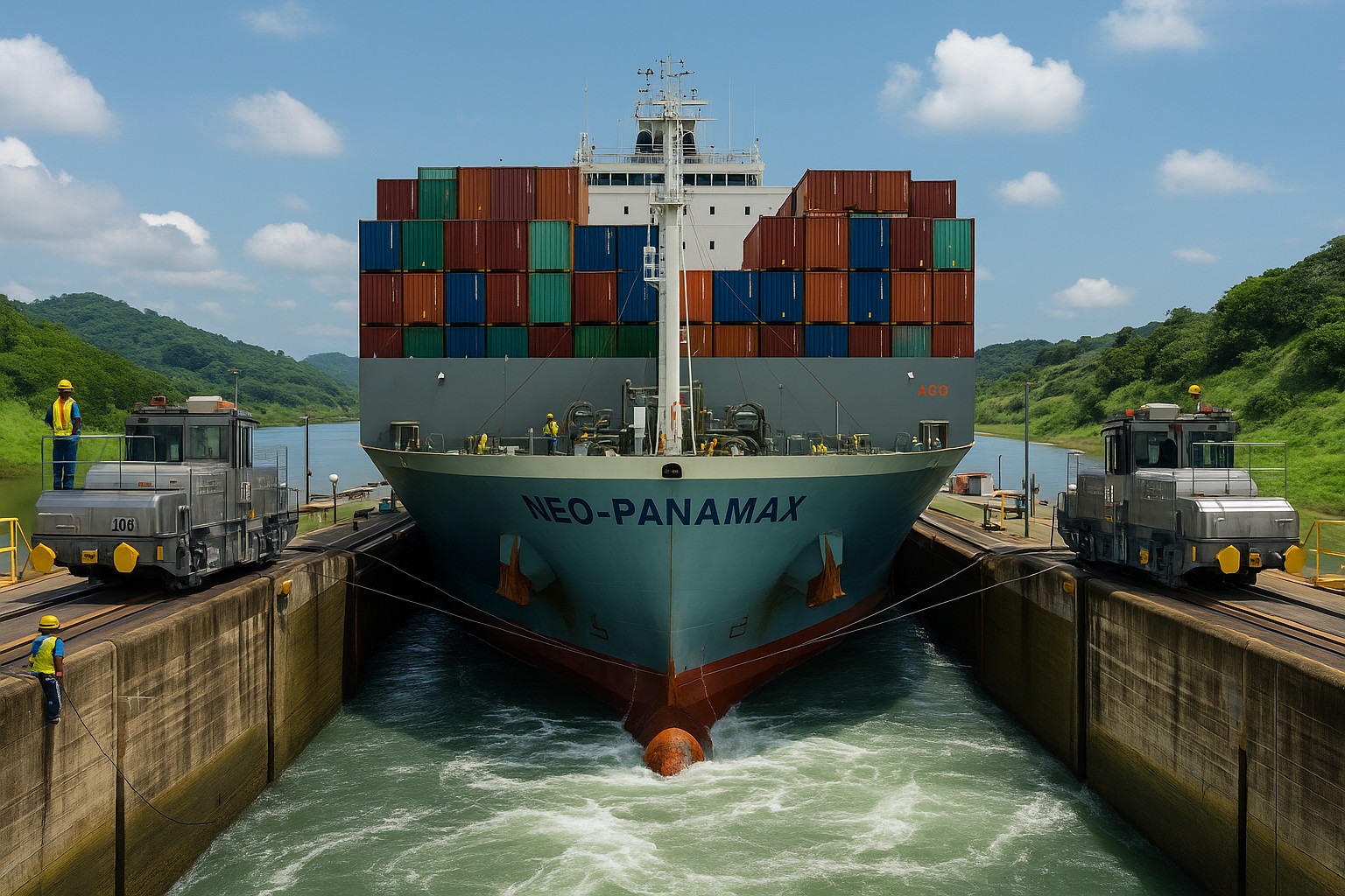 Ein hochauflösendes Foto zeigt ein riesiges Neo-Panamax-Containerschiff, das durch die Schleusen des Panamakanals fährt, umgeben von technischer Infrastruktur und Kränen, die die strategische Bedeutung des Kanals für den Welthandel widerspiegeln.