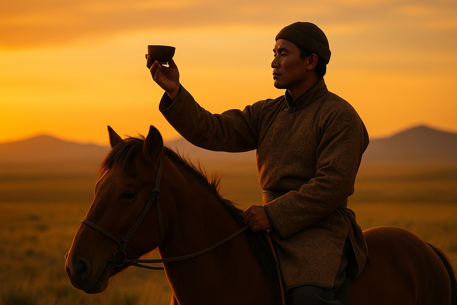 Ein mongolischer Reiter in traditioneller Kleidung sitzt bei Sonnenuntergang auf einem braunen Pferd und hält eine kleine hölzerne Schale in der Hand, während die Steppe sich im Hintergrund erstreckt.