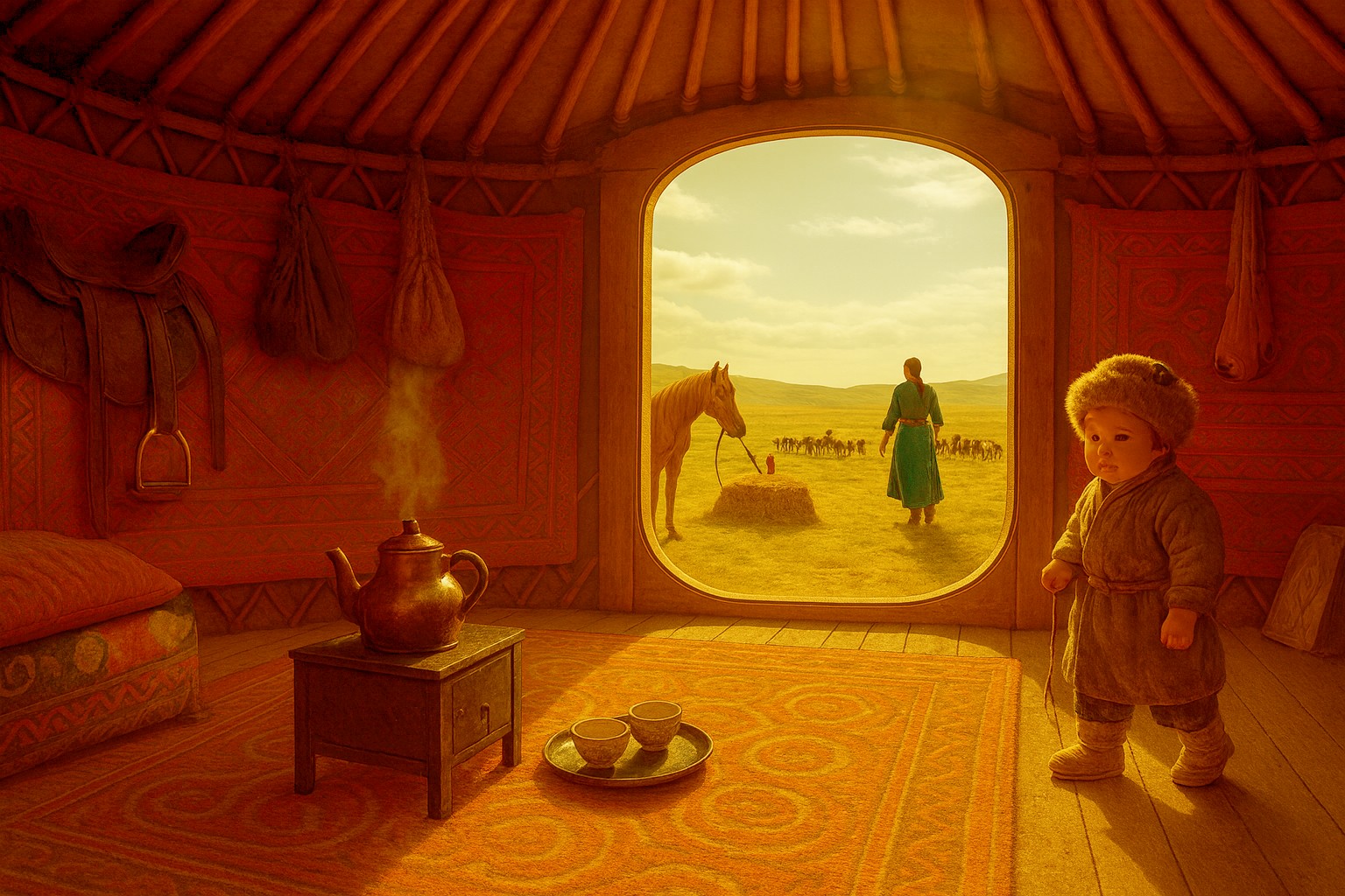 Das Bild zeigt das Innere einer traditionellen mongolischen Jurte bei Tageslicht. Ein kleines Kind in warmer, traditioneller Kleidung steht rechts im Vordergrund, während durch die offene Tür ein Mann in blauer Tracht mit seinem Pferd und einer Herde draußen auf der Steppe zu sehen ist. Im Inneren sind rote Teppiche, ein dampfender Teekessel und traditionelle Utensilien sichtbar, beleuchtet von natürlichem Licht.