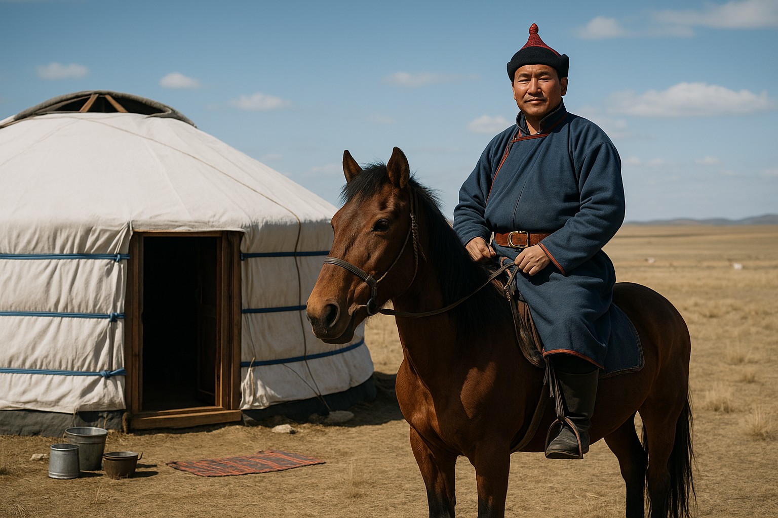 Ein mongolischer Nomade auf einem braunen Pferd sitzt vor einer traditionellen weißen Jurte (Ger) inmitten der weiten Steppe unter blauem Himmel.