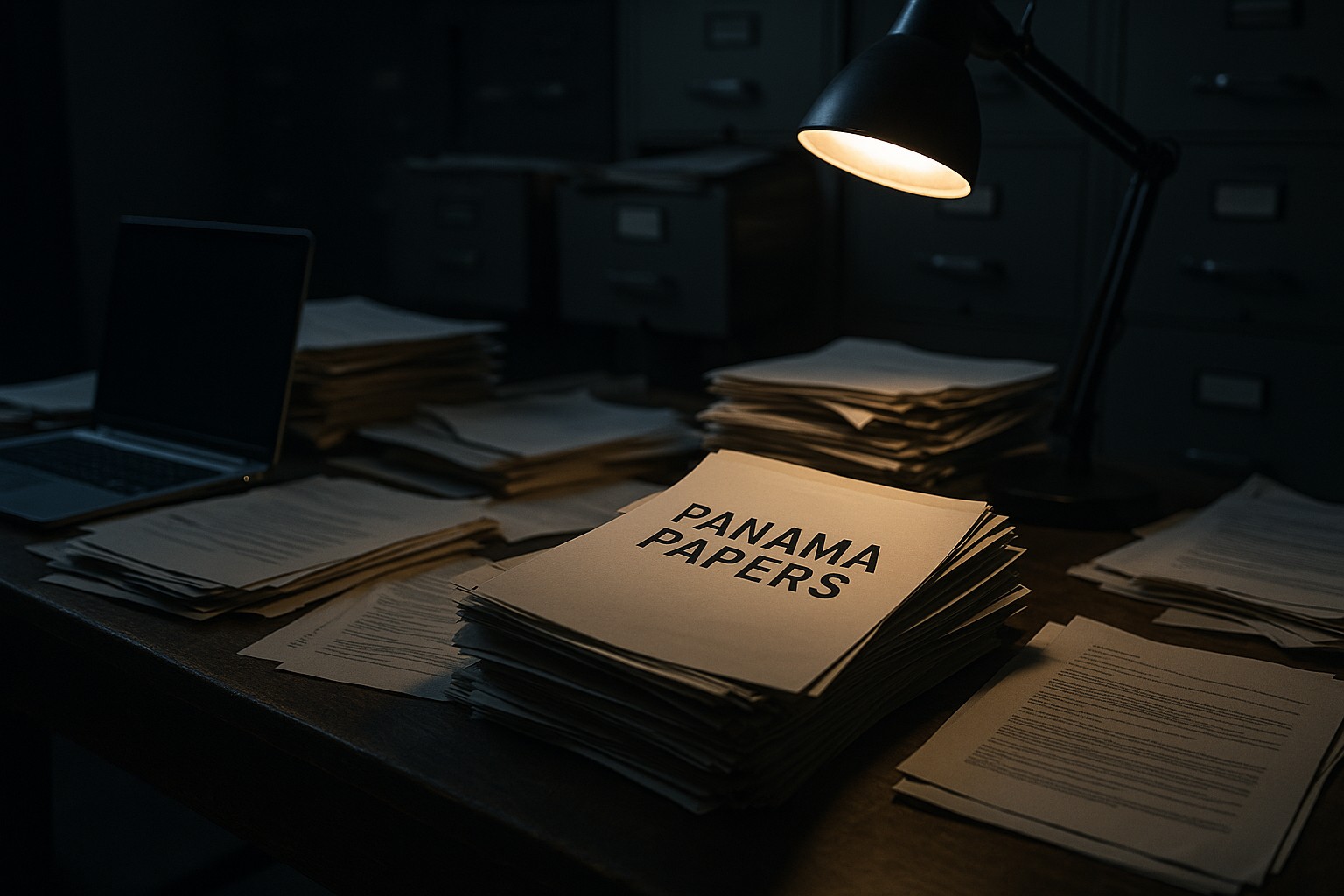 Ein hochauflösendes Foto zeigt einen Schreibtisch voller Dokumente, im Mittelpunkt liegt ein Stapel mit der Aufschrift „PANAMA PAPERS“, beleuchtet von einer Schreibtischlampe, während im Hintergrund alte Aktenschränke im Schatten verschwinden.