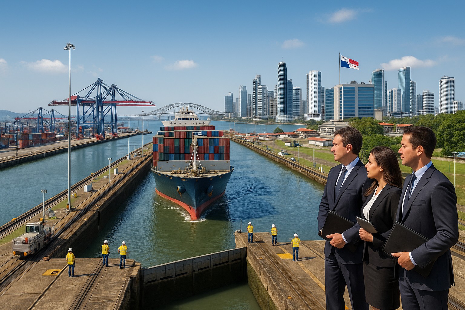 Ein hochauflösendes Foto zeigt die Skyline von Panama-Stadt bei Tageslicht. Zwischen modernen Wolkenkratzern und gläsernen Bankgebäuden verläuft im Hintergrund ein Abschnitt des Panamakanals. Die Szene vermittelt den Eindruck einer dynamischen, global vernetzten Finanz- und Handelsmetropole.
