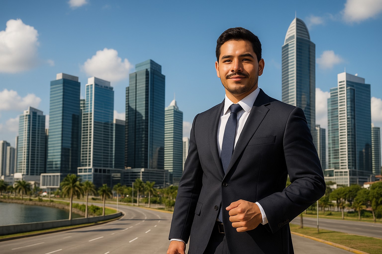 Ein junger, selbstbewusster Geschäftsmann im Anzug steht mit Aktenkoffer vor der modernen Skyline von Panama-Stadt, die im warmen Sonnenlicht glänzt.