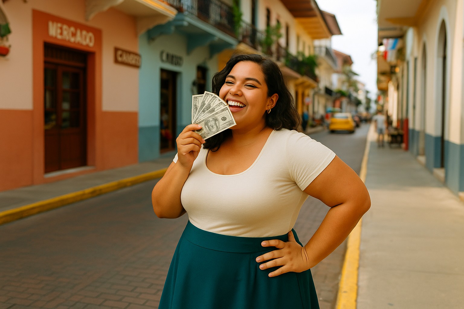 Eine junge, kurvige Latina-Frau steht lachend in einer sonnigen Straße in Panama und hält mehrere aufgefächerte Dollar-Scheine spielerisch an ihr Gesicht.