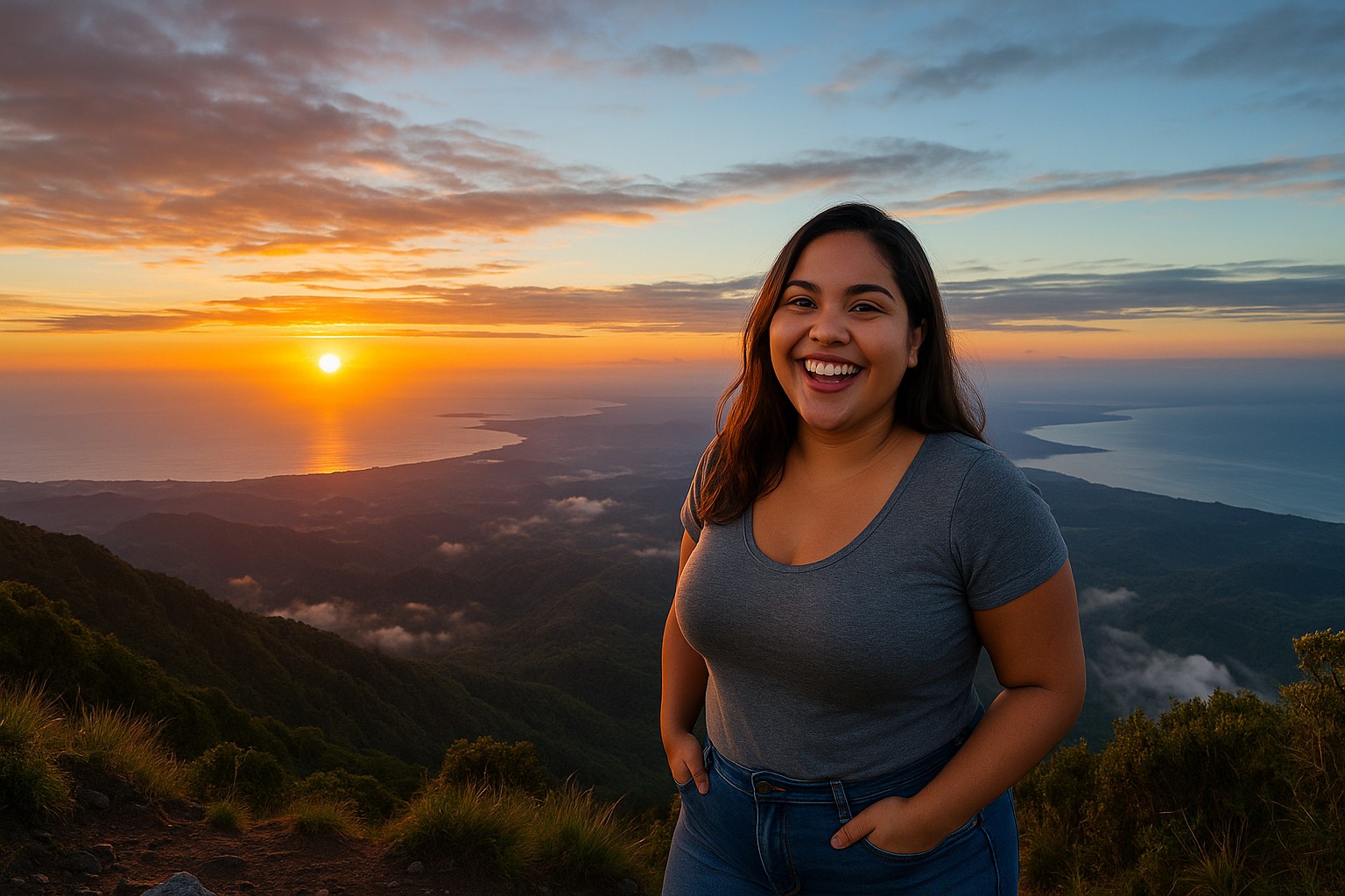 Eine junge Frau steht auf dem Gipfel des Vulkans Barú in Panama und blickt auf den Sonnenuntergang über dem Karibischen Meer, während hinter ihr die Sonne über dem Pazifik aufgeht.