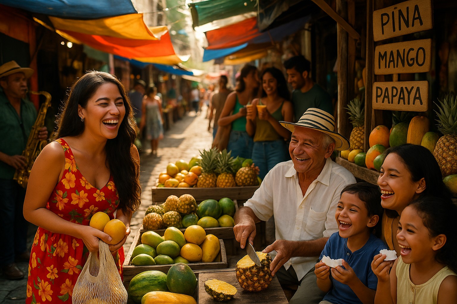 Ein lebendiger Straßenmarkt in Panama-Stadt, wo eine junge Frau in rotem Kleid lacht, während ein älterer Verkäufer Ananas schneidet und Kinder fröhlich Obst essen.