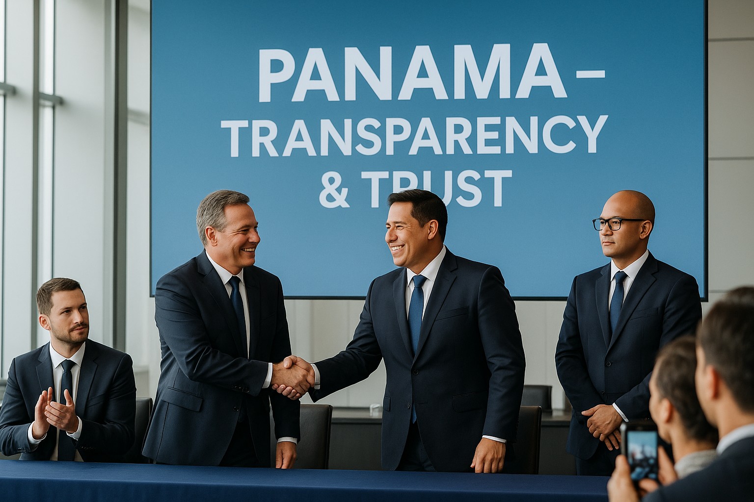 Eine hochauflösende Fotografie zeigt ein offizielles Treffen in Panama, bei dem zwei Männer in Anzügen vor einem Banner mit der Aufschrift „PANAMA – TRANSPARENCY & TRUST“ die Hände schütteln, während andere Teilnehmer applaudieren.