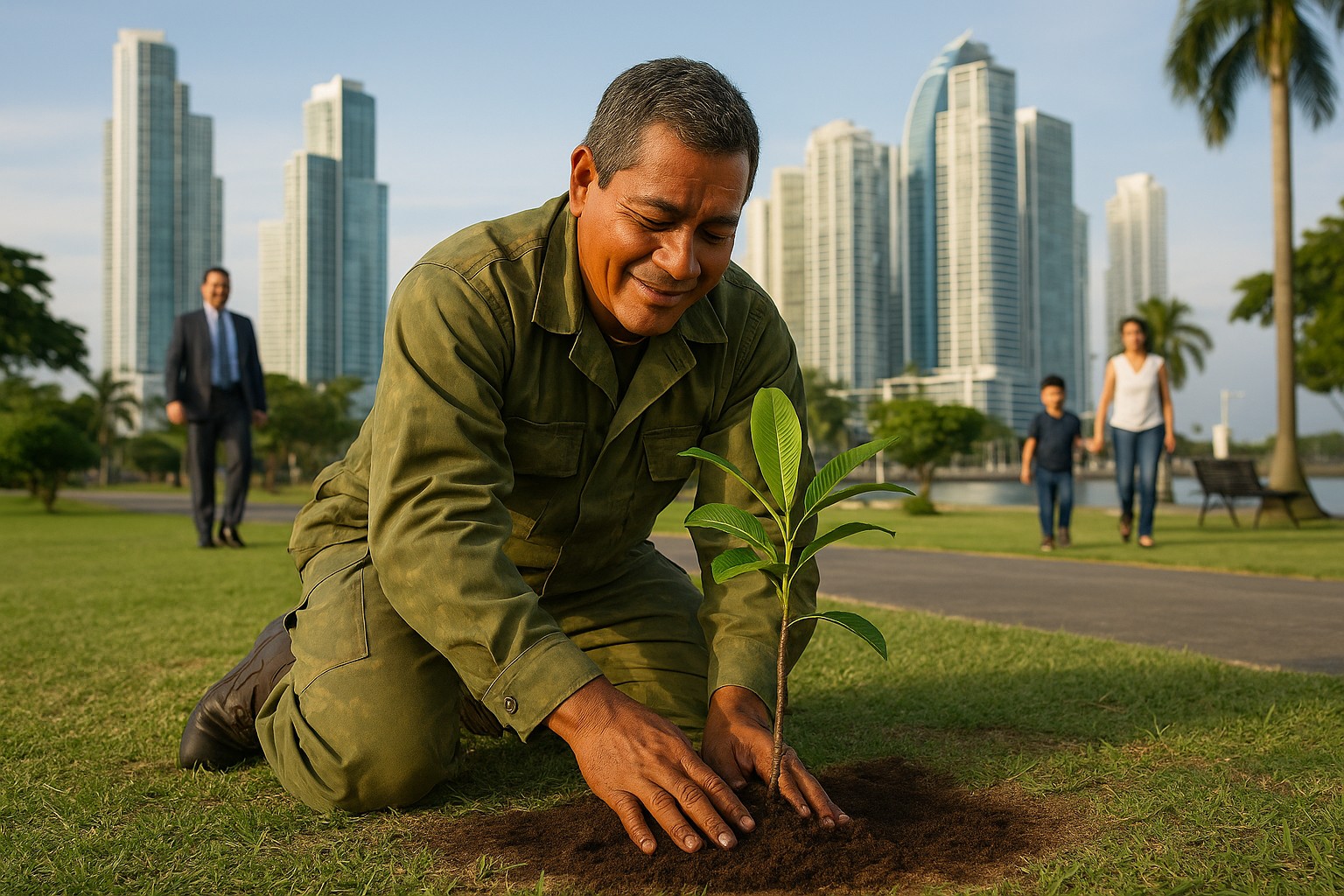 Ein ehemaliger Soldat in olivgrüner Uniform kniet in einem Park in Panama-Stadt und pflanzt ein junges Bäumchen, während im Hintergrund moderne Hochhäuser und Passanten zu sehen sind.