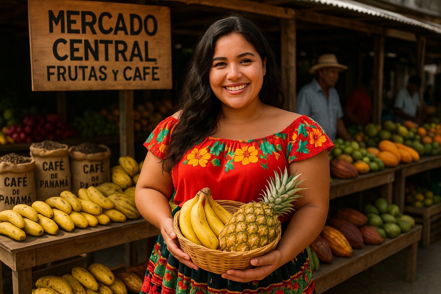 Eine junge Panamanerin im traditionellen Kleid hält einen Korb mit Bananen und einer Ananas, während sie auf einem belebten Markt in Panama lächelt.