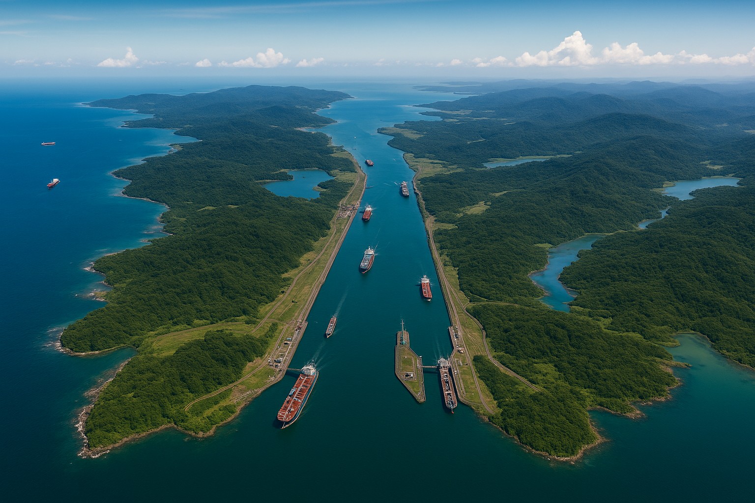 Satellitenaufnahme des Panamakanals mit Frachtschiffen, die durch das smaragdgrüne Wasser zwischen üppigen tropischen Wäldern und Hügeln fahren.