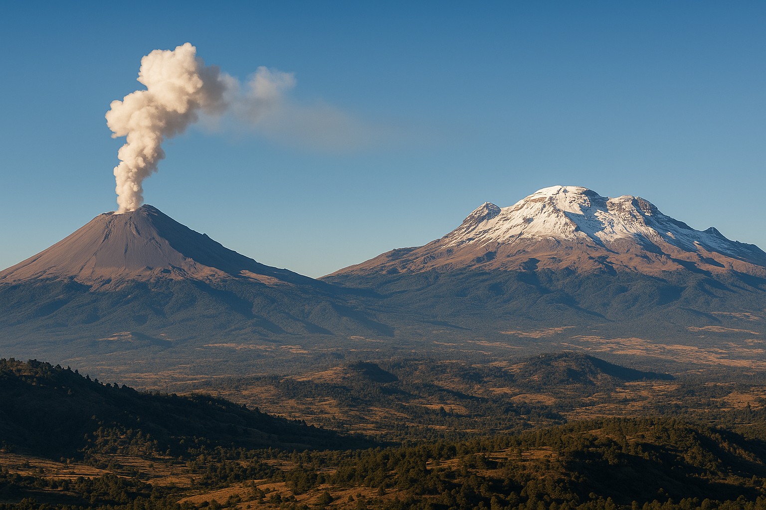 Zwei majestätische Vulkane in Mexiko – Popocatépetl mit einer rauchenden Wolke und der schneebedeckte Iztaccíhuatl im Hintergrund, eingefangen bei klarem Tageslicht.