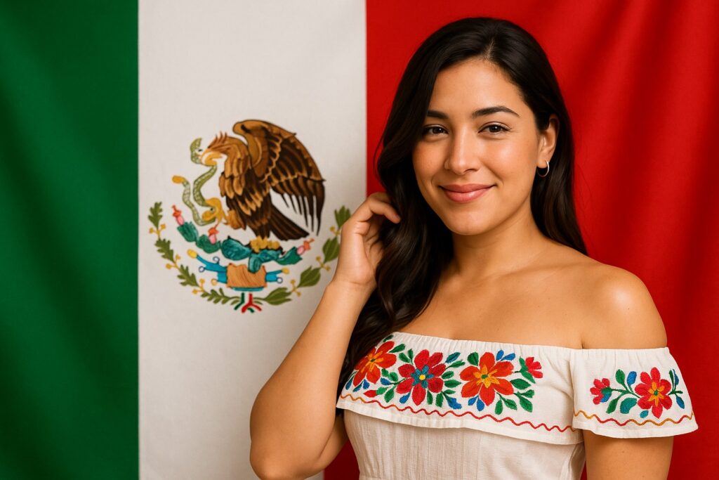 Junge Mexikanerin mit dunklem Haar in einem traditionellen bestickten Off-Shoulder-Kleid lächelt vor der Nationalflagge Mexikos.