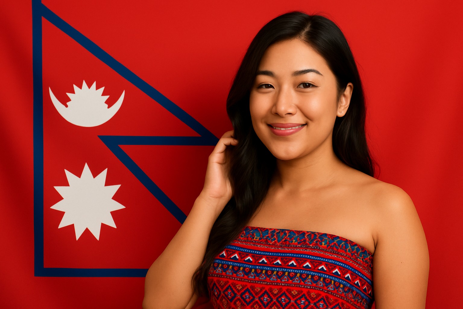 Porträt einer jungen Nepalesin vor der Flagge Nepals