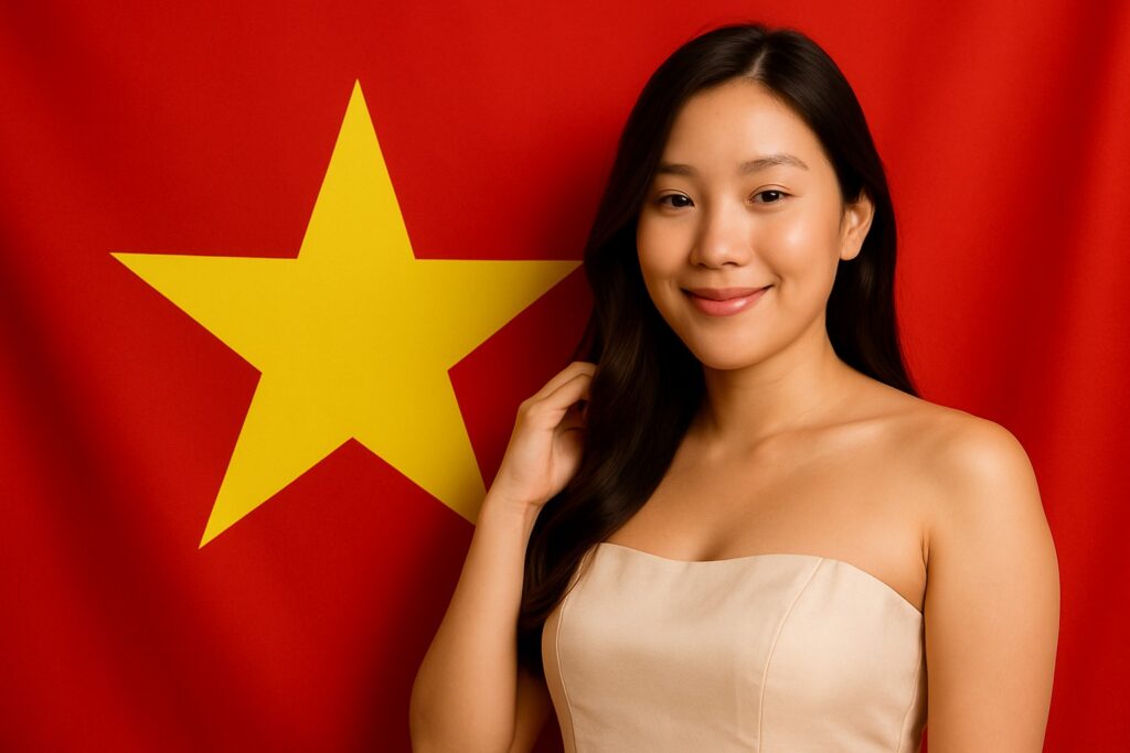 Junge Nepalesin in einem modernen, schulterfreien Sommerkleid lächelt sanft vor der roten Nationalflagge Nepals mit blauem Rand und den weißen Symbolen von Sonne und Mond.