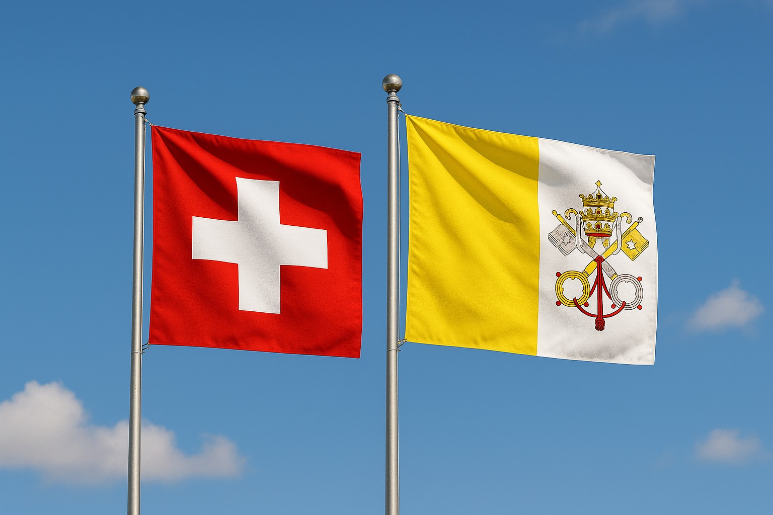Zwei quadratische Flaggen – die Schweizer Flagge (rot mit weißem Kreuz) und die Flagge des Vatikans (gelb-weiß mit päpstlichen Schlüsseln und Tiara) – wehen nebeneinander an silbernen Masten vor blauem Himmel.