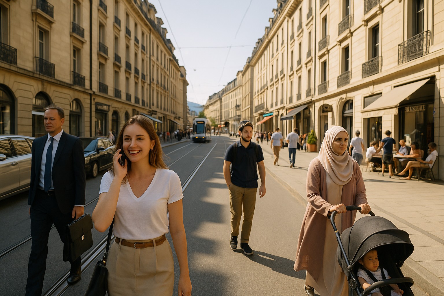Eine belebte Straßenaufnahme in Zürich zeigt Passanten unterschiedlicher Herkunft, die zwischen Geschäften und Cafés entlanggehen. Im Hintergrund sind moderne Gebäude und Verkehr zu sehen, was die religiöse und kulturelle Vielfalt der Schweiz im urbanen Alltag widerspiegelt.