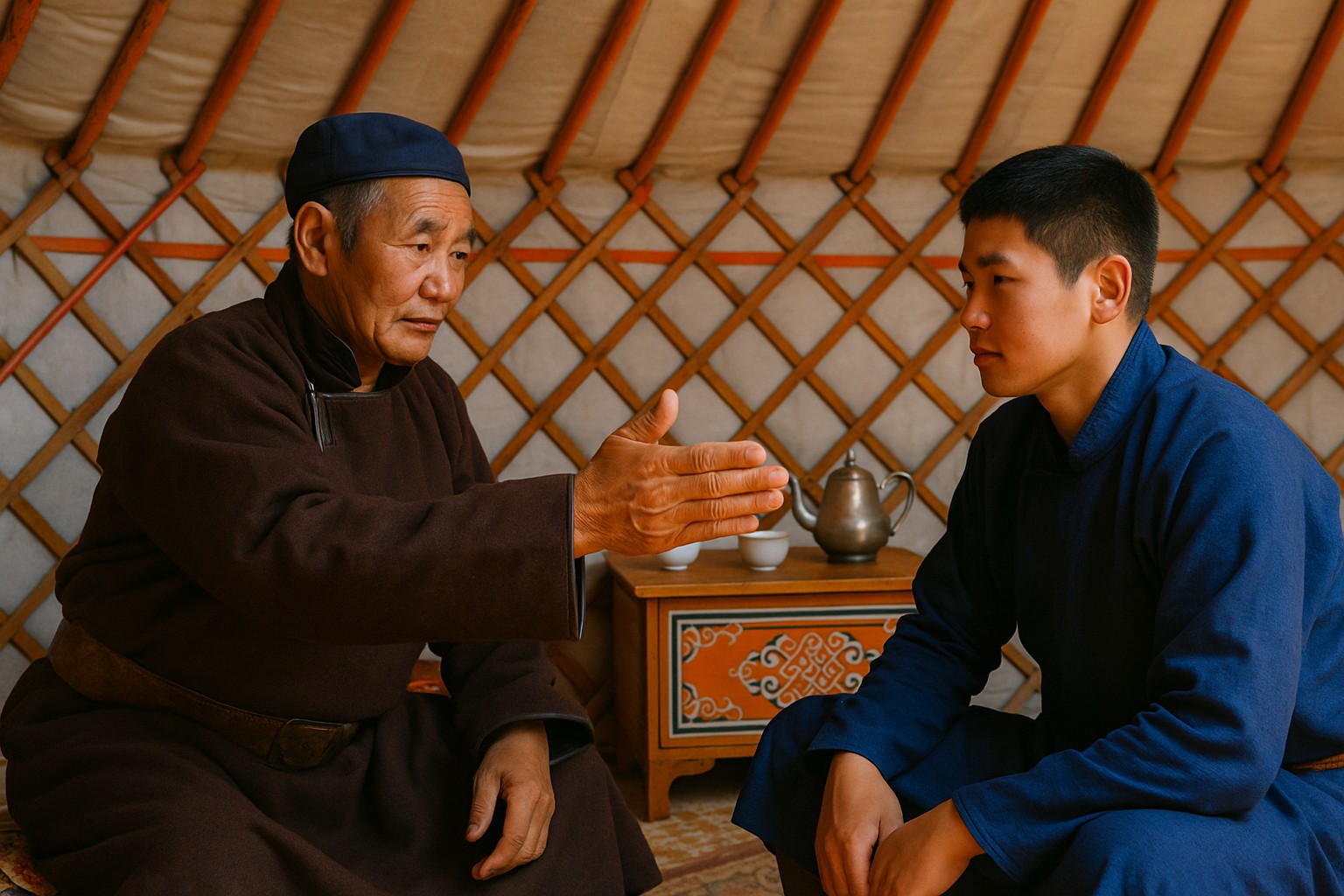 Ein älterer Mongole in traditioneller Kleidung erklärt einem jungen Mann in einer Jurte etwas, während er mit offener Handfläche respektvoll gestikuliert.
