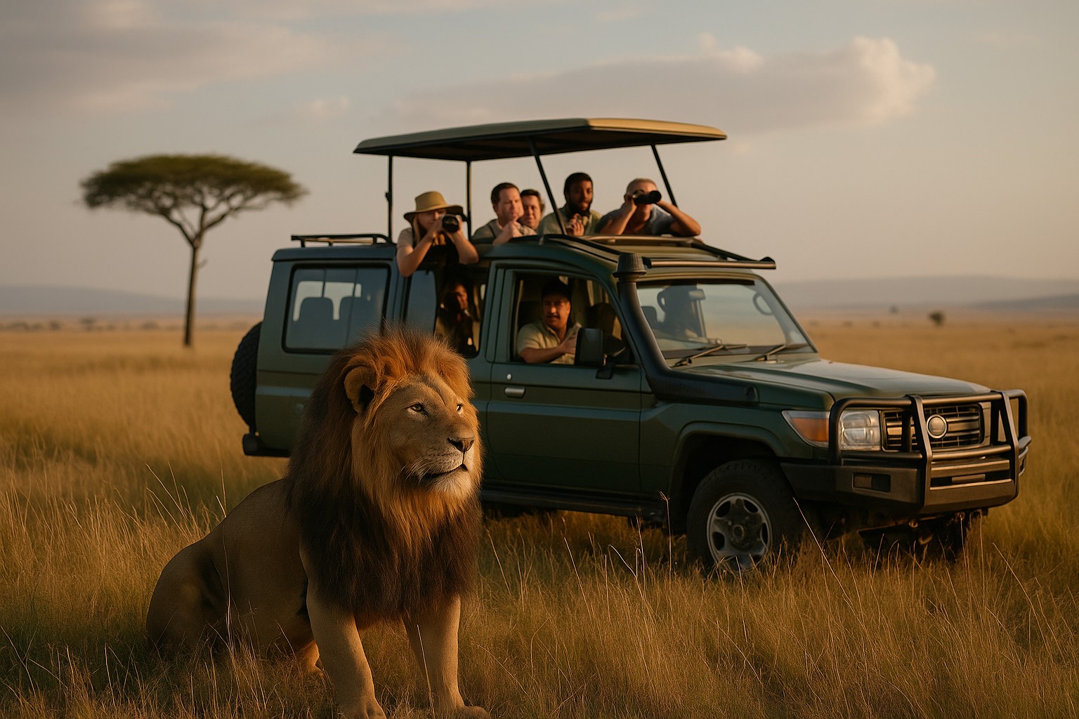 Ein majestätischer Löwe sitzt im Gras der Savanne, während Touristen in einem offenen Safari-Fahrzeug in der Nähe fasziniert zuschauen und fotografieren.