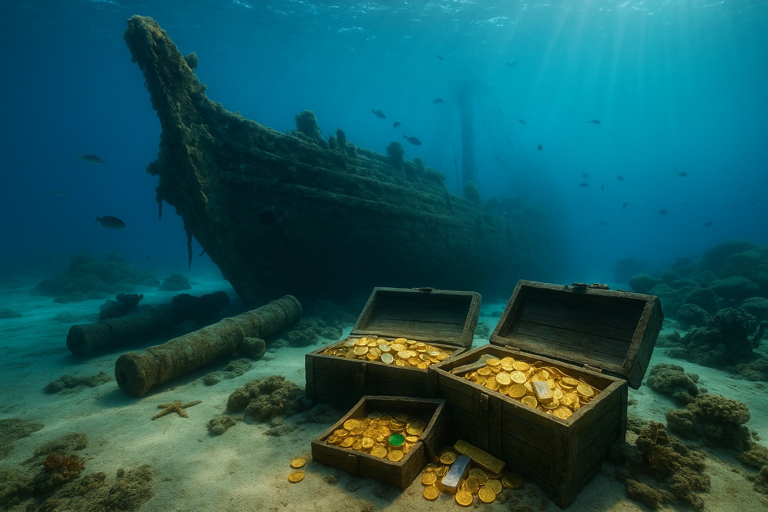 Ein hochauflösendes Unterwasserfoto zeigt das Wrack der spanischen Galeone San José auf dem Meeresboden, umgeben von Korallen, Algen und Fischen. Im Vordergrund stehen drei geöffnete Holzkisten, gefüllt mit Goldmünzen, Silberbarren und einem Smaragd, während zwei verrostete Kanonen daneben liegen. Sonnenstrahlen dringen durch das türkisfarbene Wasser und beleuchten die Szene.