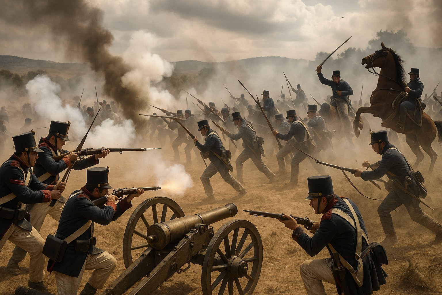 Mexikanische und amerikanische Soldaten liefern sich während des Mexikanisch-Amerikanischen Krieges (1846–1848) eine heftige Schlacht mit Musketen, Bajonetten und Kanonen in einer staubigen Landschaft.