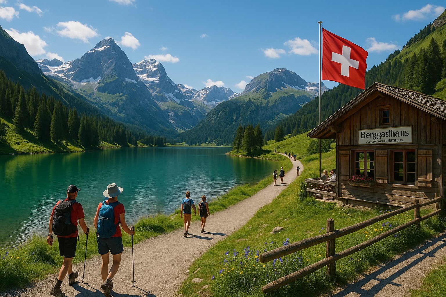 Eine atemberaubende Landschaft in den Schweizer Alpen zeigt Wanderer auf einem Pfad entlang eines türkisfarbenen Sees, flankiert von schneebedeckten Bergen und grünen Wäldern. Rechts im Bild steht ein traditionelles Holzhaus mit Schweizer Flagge.