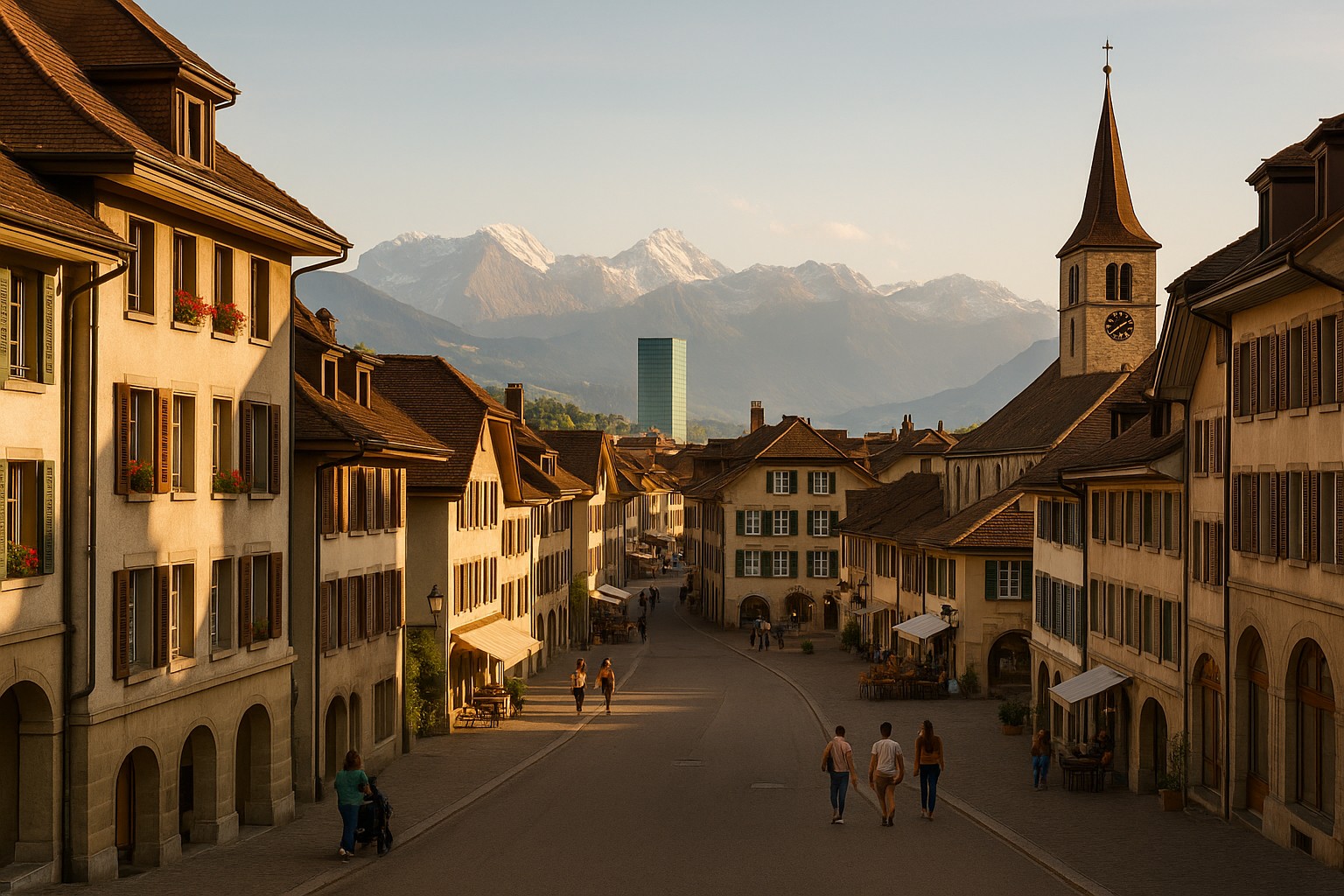 Eine Schweizer Altstadtstraße mit traditionellen Gebäuden und einem Kirchturm, dahinter die Alpen, während im Hintergrund ein moderner Hochhausturm dezent hervorsticht.