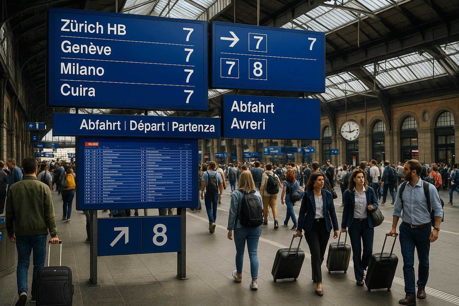 Eine belebte Bahnhofshalle in der Schweiz mit großen blauen Anzeigetafeln, die Abfahrtsinformationen in vier Sprachen zeigen – Deutsch, Französisch, Italienisch und Rätoromanisch – während zahlreiche Reisende mit Koffern durch die Halle gehen.