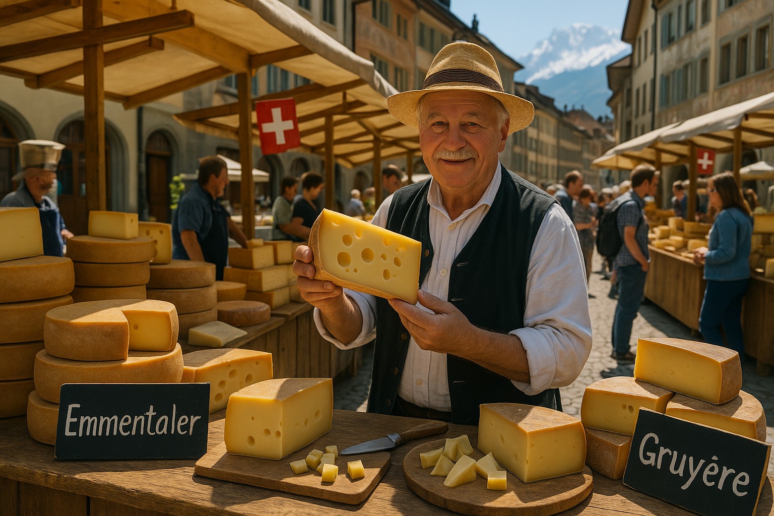 Ein traditioneller Schweizer Käsemarkt auf einem sonnigen Platz, ein älterer Verkäufer in Strohhut hält stolz ein Stück Emmentaler, während auf Holztischen Laibe von Emmentaler und Gruyère ausgestellt sind, umgeben von Besuchern und historischen Gebäuden im Hintergrund.