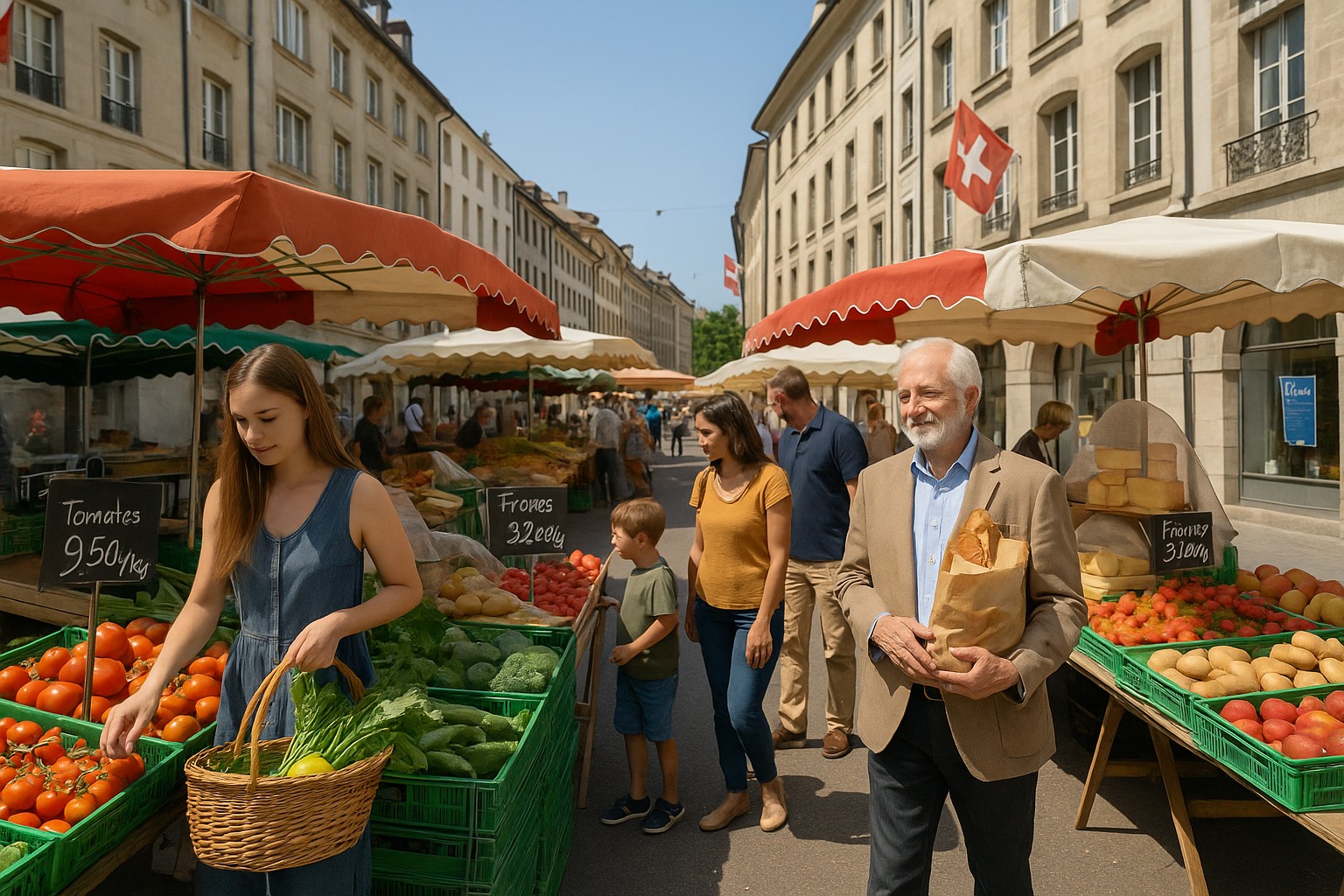 Ein hochauflösendes Foto zeigt einen lebhaften Wochenmarkt in einer Schweizer Stadt, umgeben von historischen Gebäuden mit Schweizer Fahnen. Menschen kaufen Gemüse, Käse und Brot, während eine junge Frau einen Korb mit frischem Grünzeug trägt.