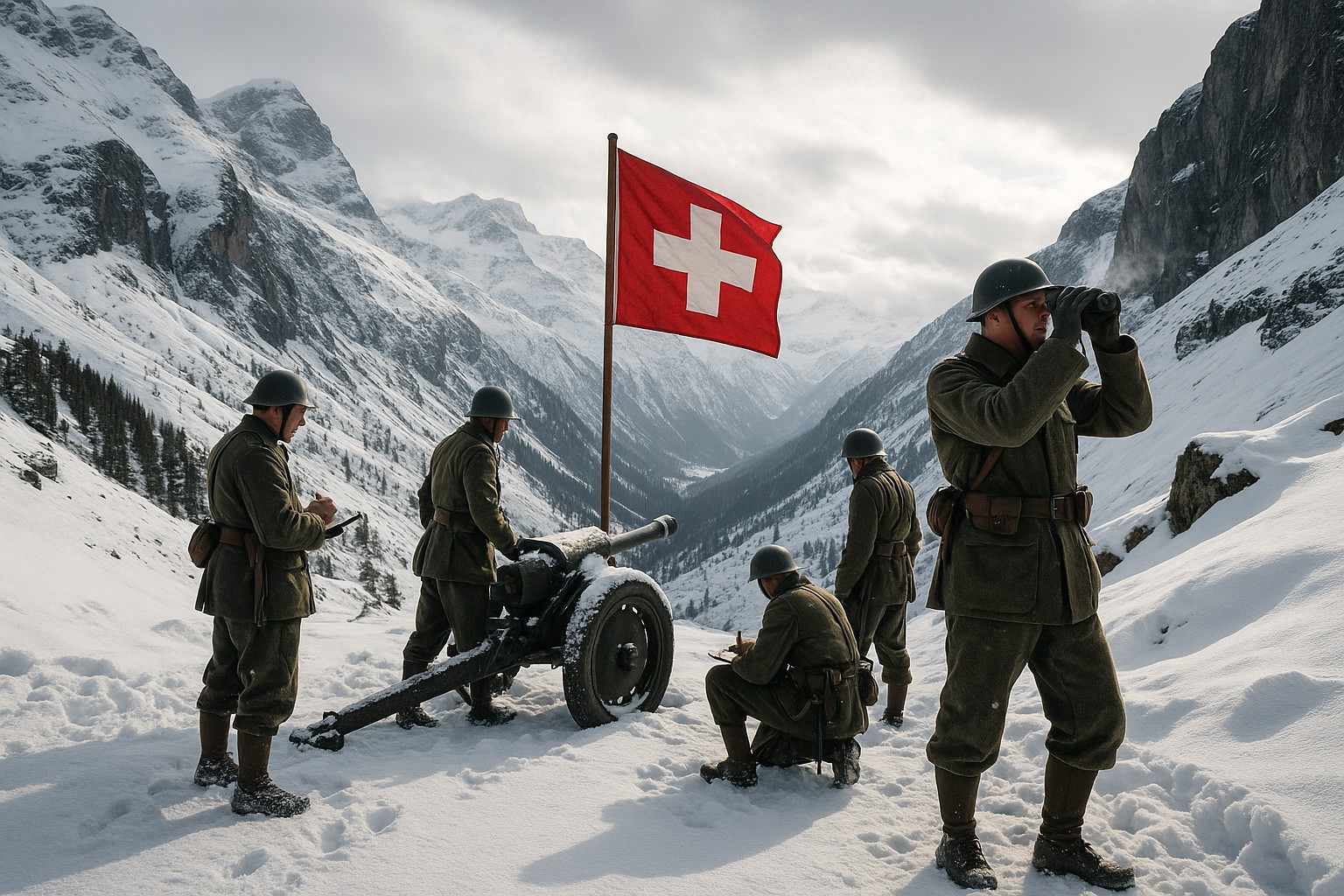 Vier Schweizer Soldaten in Uniform aus dem Zweiten Weltkrieg stehen im verschneiten Alpengebirge, neben einer Kanone und unter der wehenden Schweizer Flagge.