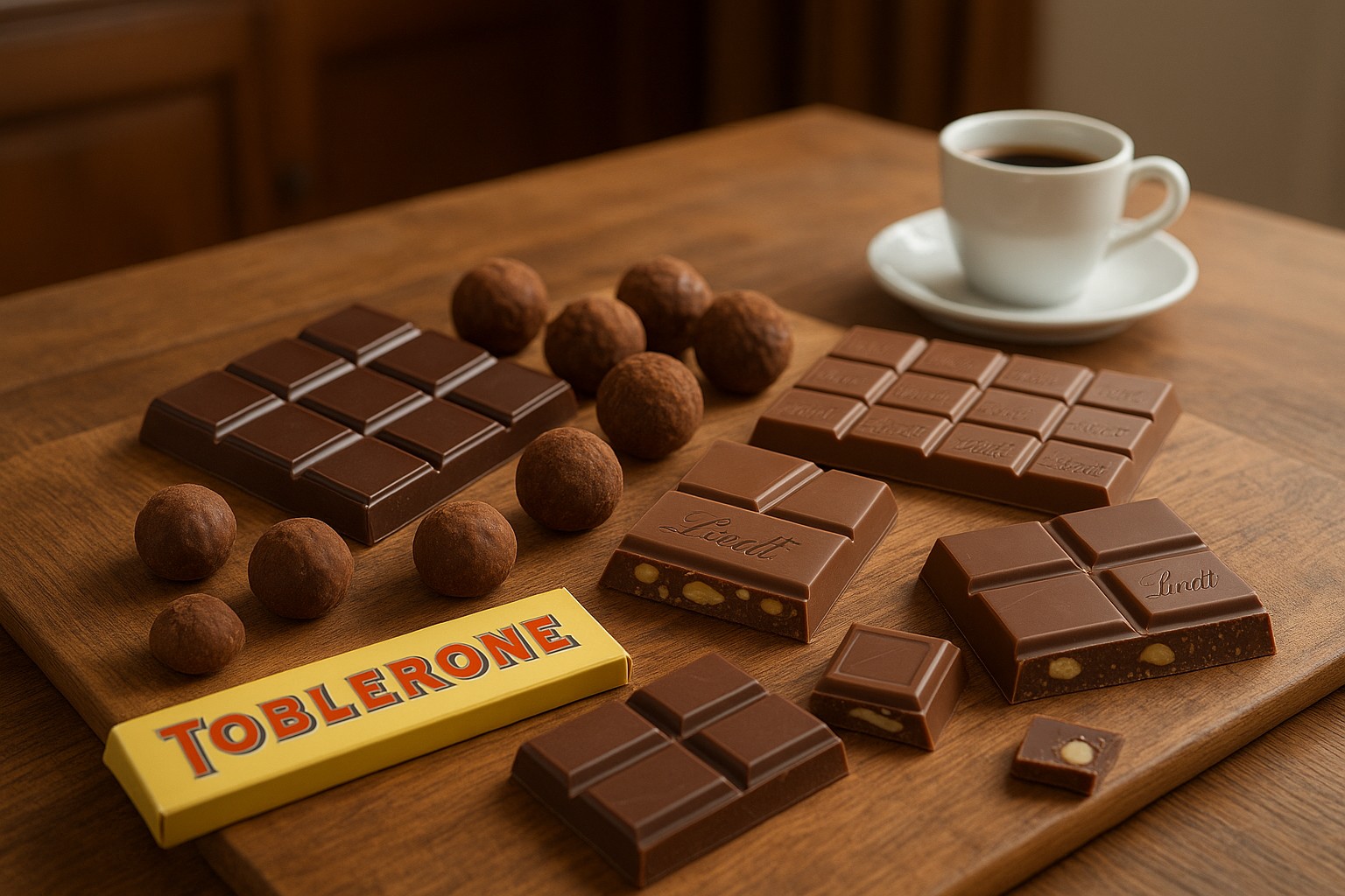 Eine rustikale Holztischplatte ist mit einer Auswahl feinster Schweizer Schokolade gedeckt – darunter Toblerone, Lindt-Riegel, dunkle Schokolade und kakaobestäubte Trüffel – begleitet von einer weißen Espressotasse.