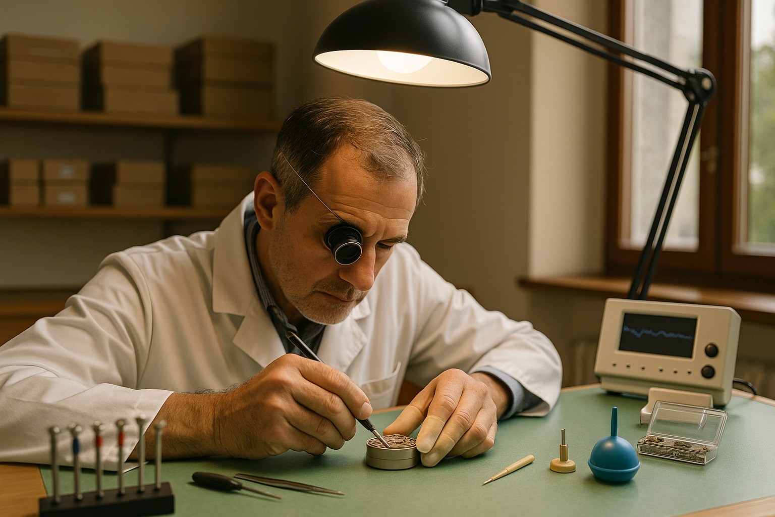 Ein erfahrener Uhrmacher sitzt an einem grünen Arbeitstisch und montiert mit einer Lupe und feinen Werkzeugen ein Uhrwerk in einer hell erleuchteten Werkstatt.