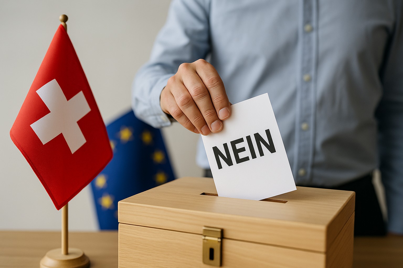Ein Wähler steckt bei einer Schweizer Volksabstimmung einen Zettel mit der Aufschrift „NEIN“ in eine Wahlurne, daneben eine Schweizer Flagge und im Hintergrund die EU-Flagge.