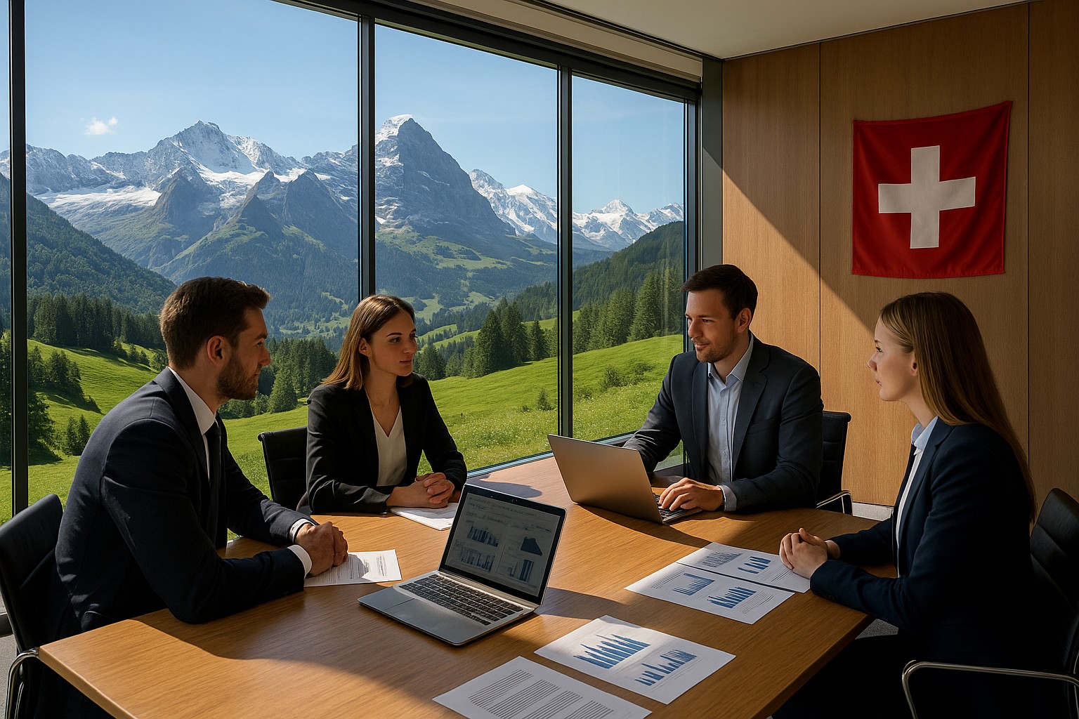 Vier Geschäftsleute sitzen in einem modernen Konferenzraum mit Panoramafenstern, die einen atemberaubenden Blick auf die Schweizer Alpen bieten.