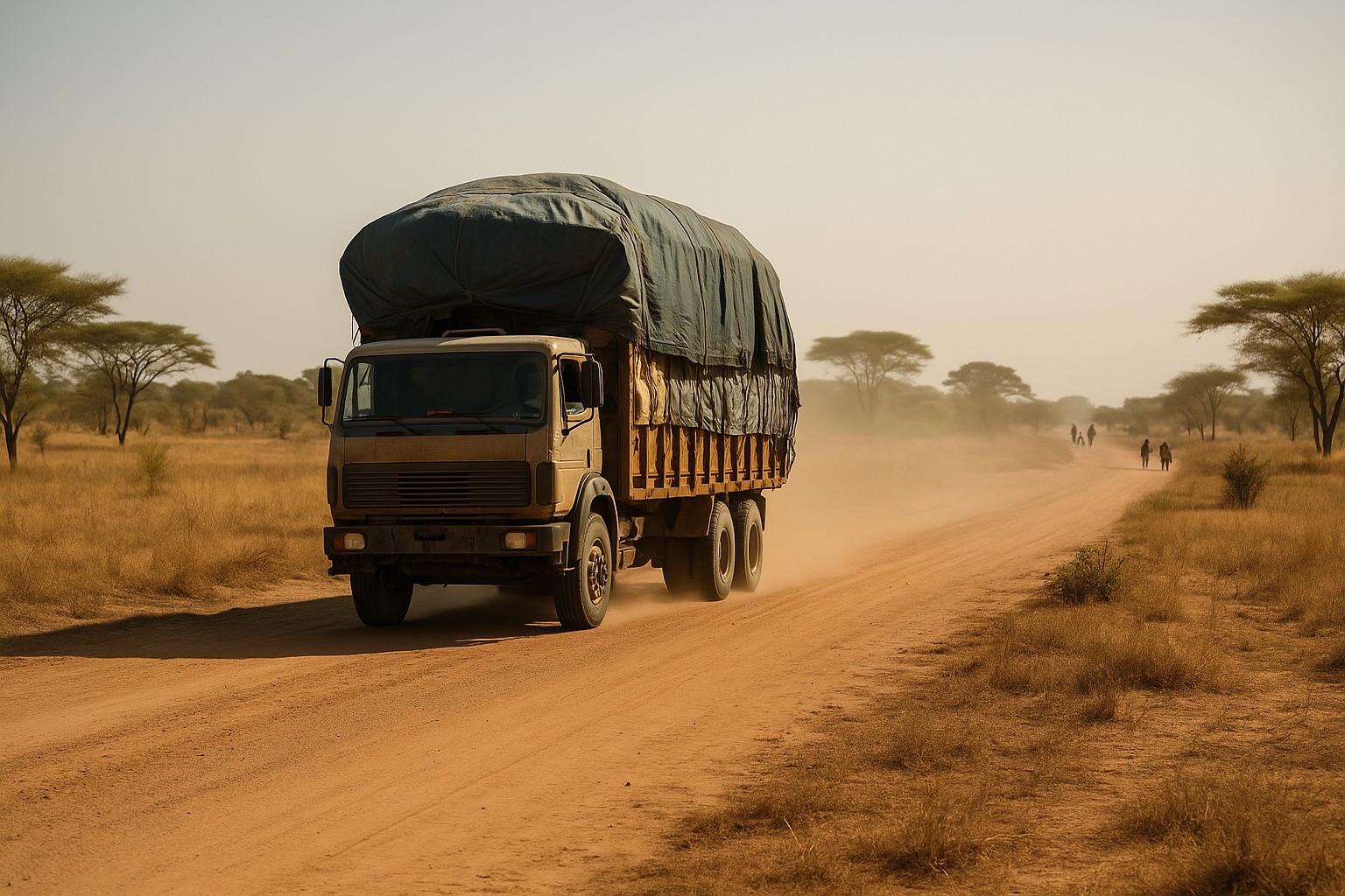 Ein schwer beladener Lkw fährt auf einer staubigen, unbefestigten Straße in einer halbtrockenen Savannenlandschaft im Tschad. Hinter dem Fahrzeug wirbelt eine Staubwolke auf, während in der Ferne Fußgänger und ein Kamel in dieselbe Richtung unterwegs sind.
