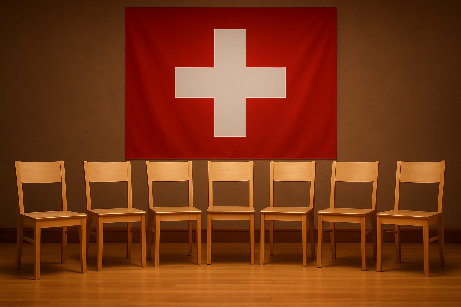 Sieben identische Holzstühle sind in einem Halbkreis vor einer Schweizer Flagge aufgestellt.