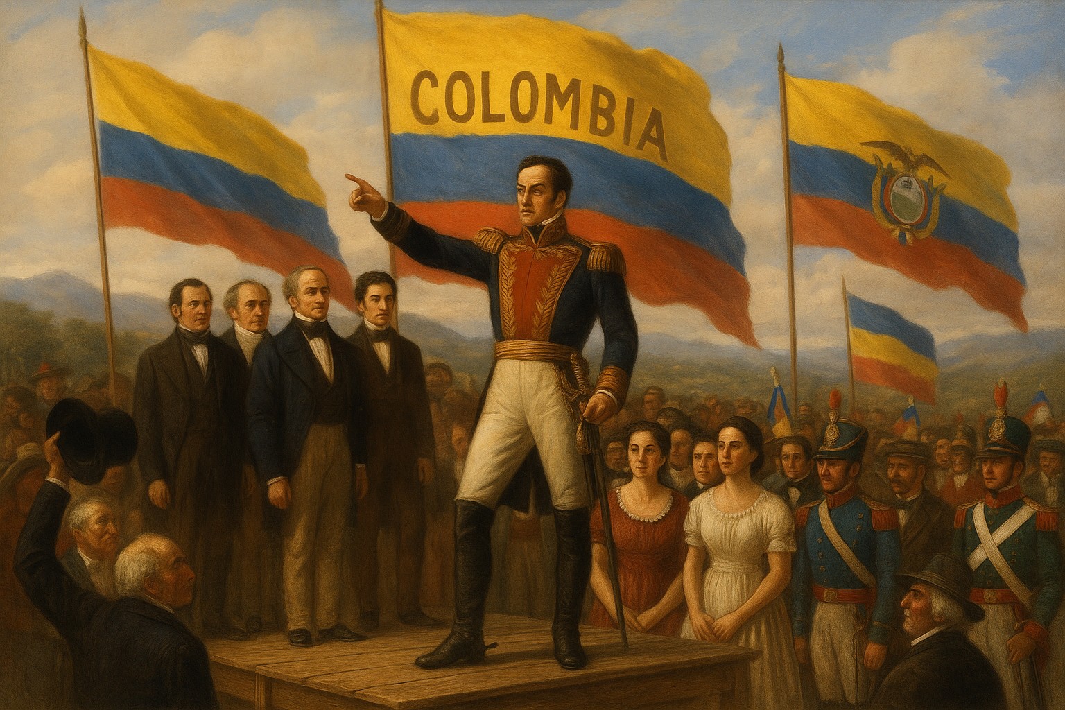 Historisches Ölgemälde zeigt Simón Bolívar, wie er auf einer erhöhten Plattform steht und eine Menge vor großen Flaggen von Kolumbien, Venezuela und Ecuador anspricht.