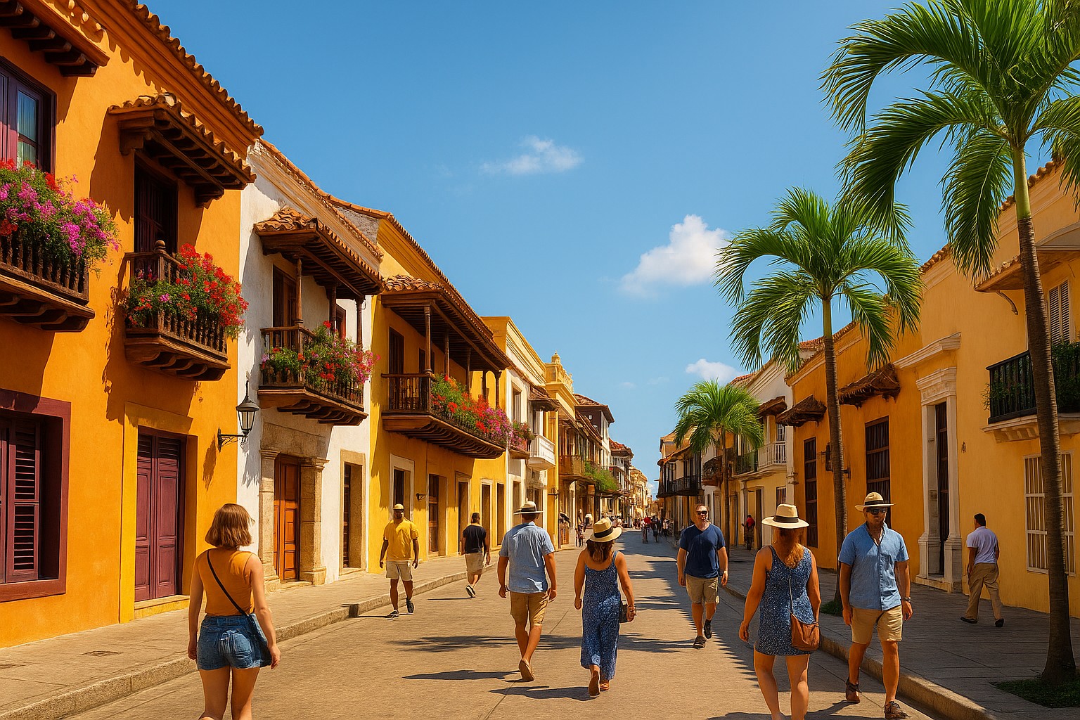 Eine sonnendurchflutete Straße in Cartagena, Kolumbien, gesäumt von farbenfrohen kolonialen Gebäuden, blühenden Bougainvillea und Palmen, während Menschen entspannt entlangspazieren.