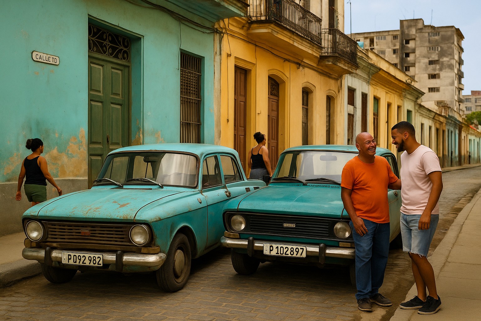 Straßenszene in Havanna mit zwei alten sowjetischen Autos, einem Moskvitch und einem Lada, geparkt vor farbigen Kolonialgebäuden, während zwei Männer sich unterhalten und Passanten vorbeigehen.
