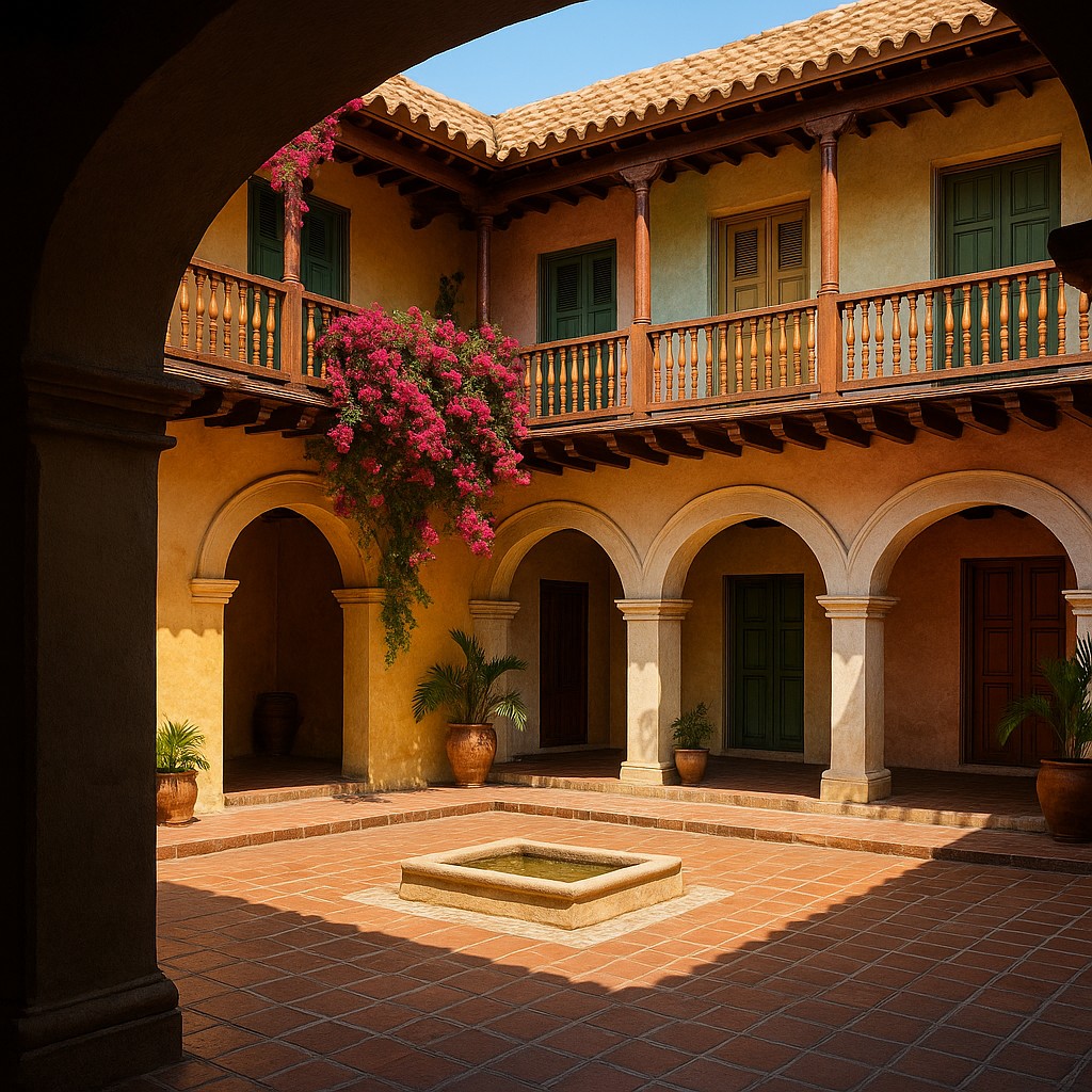 Ein hochauflösendes Foto eines sonnendurchfluteten spanischen Kolonialhofes in Cartagena, Kolumbien, aufgenommen aus einem schattigen Torbogen. Gelb- und Pastellwände, hölzerne Balkone mit Bougainvillea und Terrakotta-Dachziegel sind deutlich sichtbar.