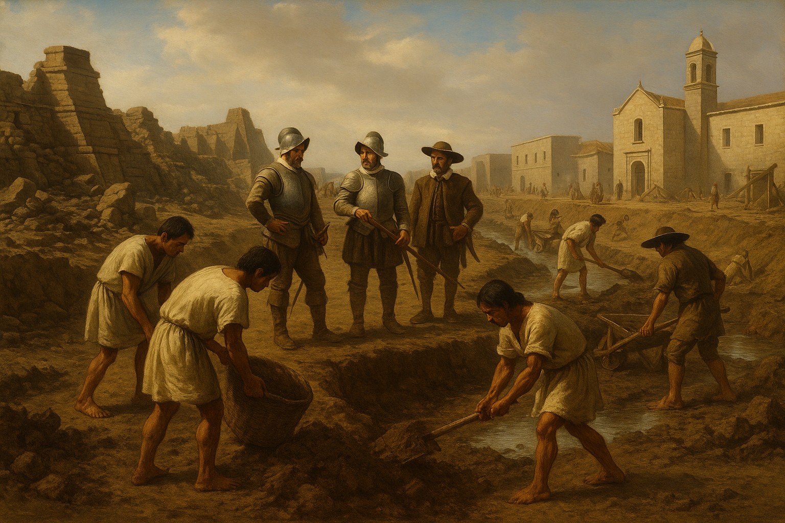 Ein detailreiches Gemälde zeigt die spanischen Ingenieure des 17. Jahrhunderts bei der Arbeit am Projekt zur Trockenlegung des Texcoco-Sees. Im Vordergrund graben Arbeiter Kanäle und bewegen Erde, während im Hintergrund das weite Wasserbecken und die beginnende Stadtentwicklung sichtbar sind.
