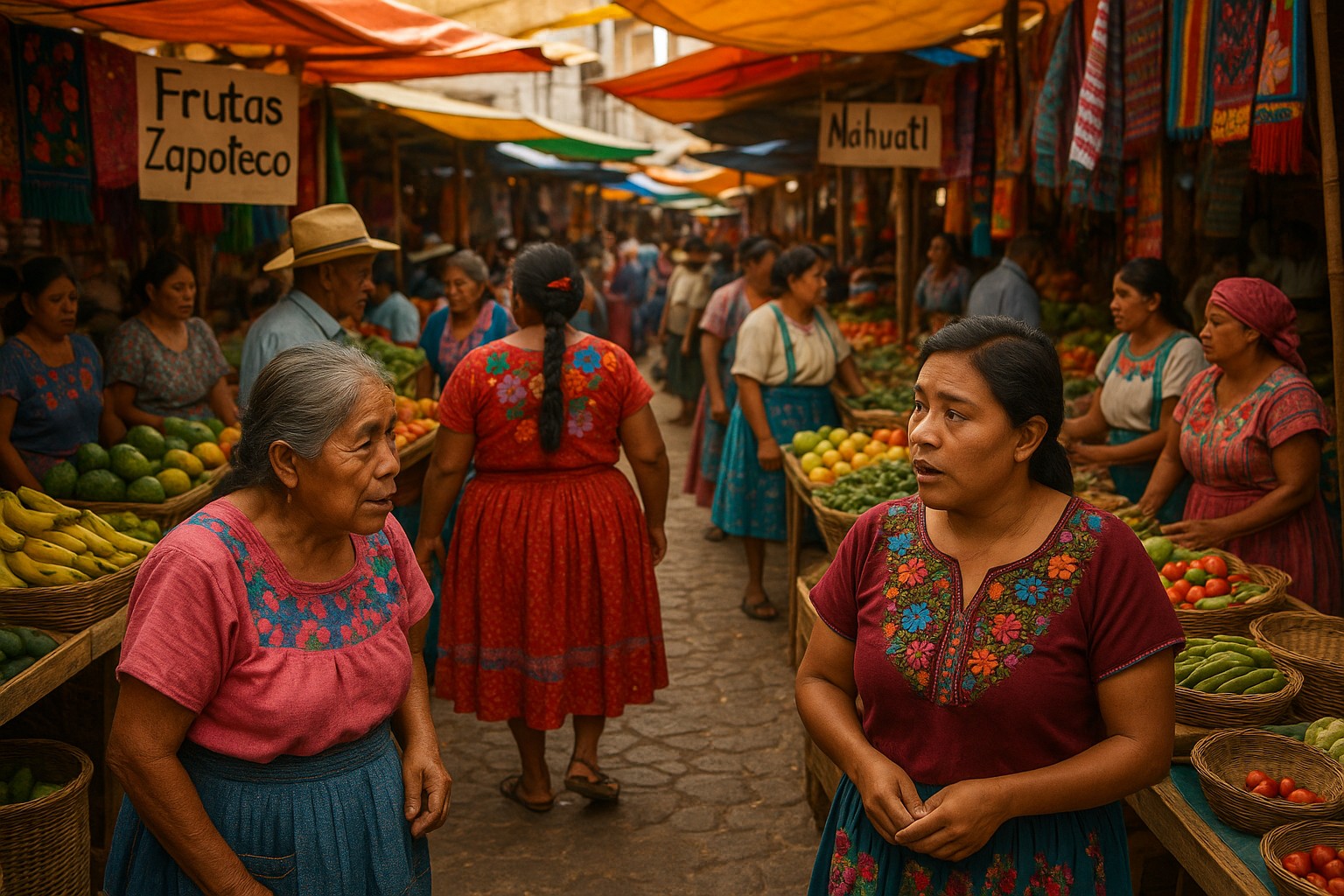 Ein hochauflösendes Foto eines lebhaften Marktes in Oaxaca, Mexiko, wo indigene Frauen in traditioneller Kleidung Obst und Gemüse verkaufen und sich unterhalten.