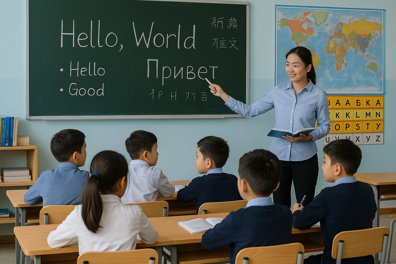 Eine mongolische Lehrerin erklärt einer Gruppe von Grundschülern im Klassenzimmer Wörter auf Englisch und Russisch an der Tafel, während im Hintergrund eine Weltkarte und Sprachposter hängen.