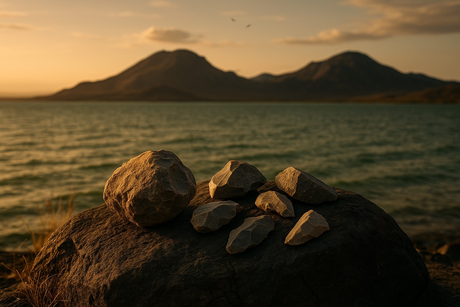 Mehrere grobe prähistorische Steinwerkzeuge liegen auf einem dunklen Felsen am Ufer des Turkana-Sees, während sich das grünliche Wasser und ferne Vulkanhügel im goldenen Abendlicht erstrecken.