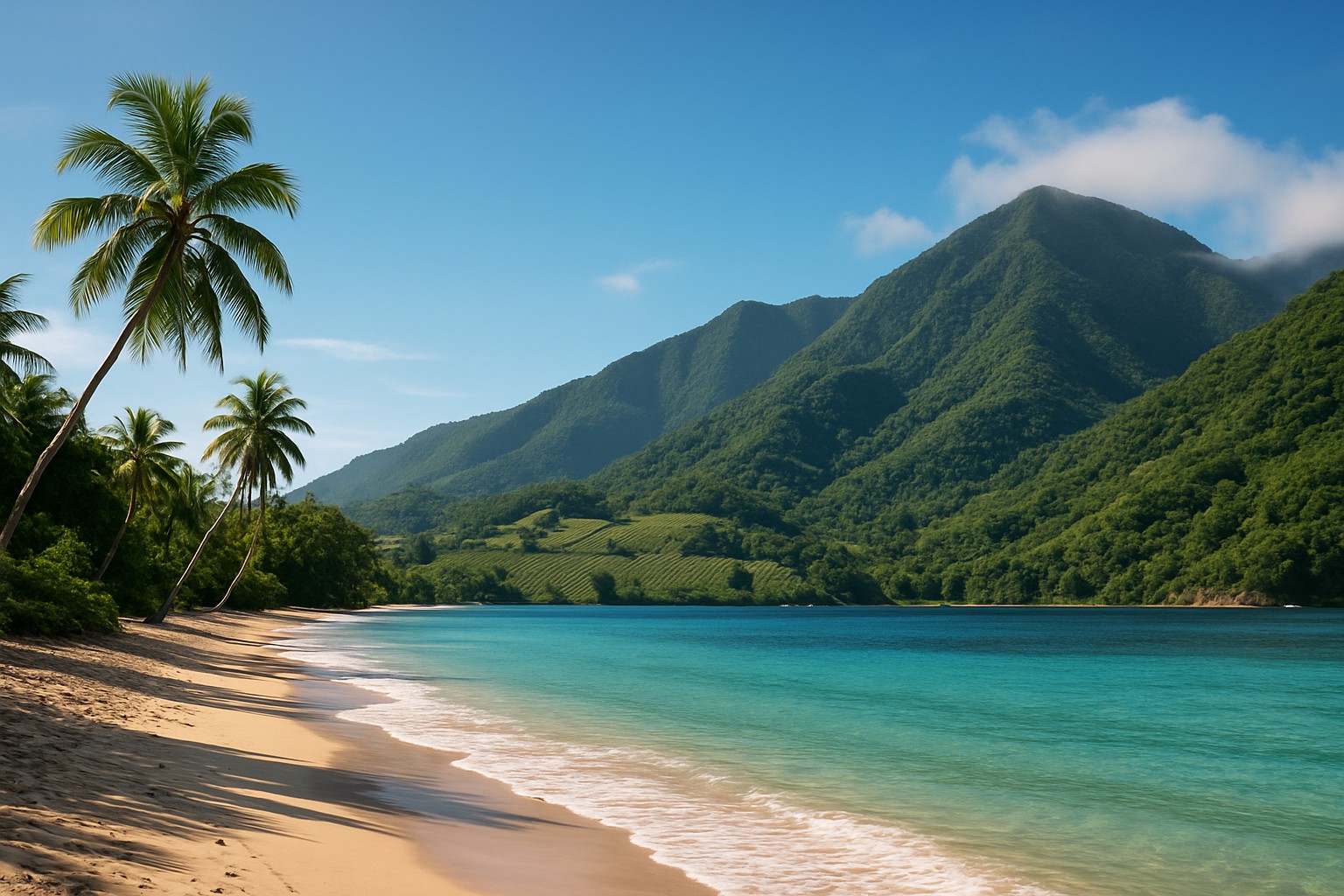 Tropischer Strand mit türkisfarbenem Wasser, gesäumt von Palmen, vor den grünen Bergen der Sierra Maestra in Kuba.
