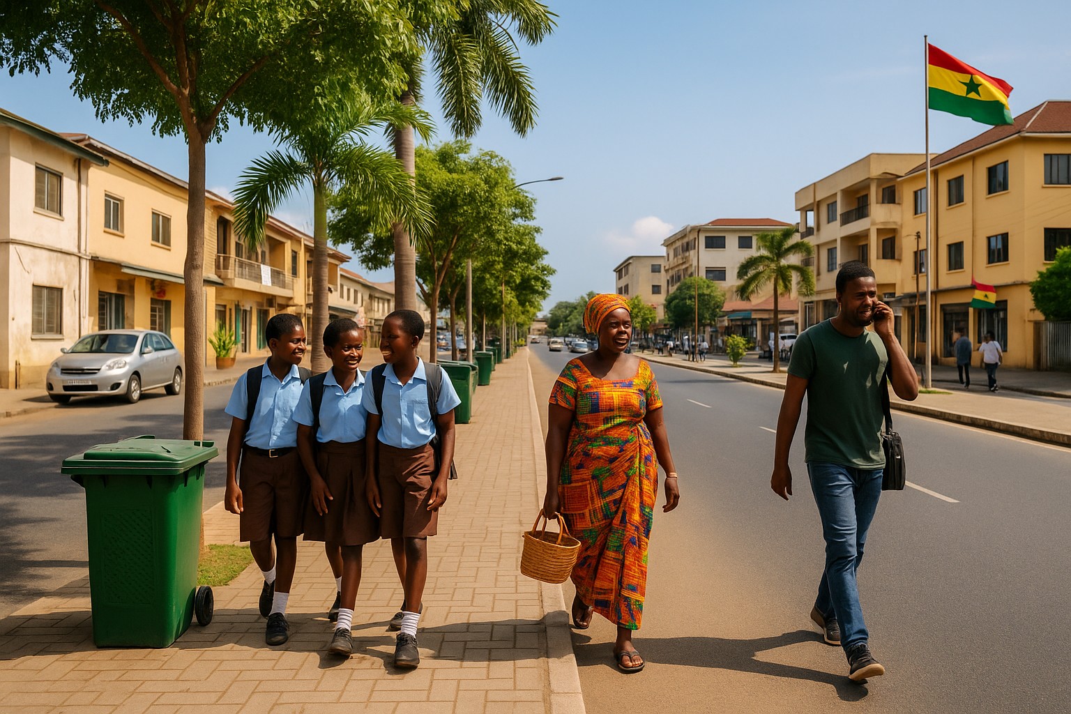 Eine saubere Straße in Kumasi zeigt Schulkinder in blauen Uniformen, die lachend nebeneinander gehen, während eine Frau in bunter Kente-Kleidung mit einem Korb und ein junger Mann mit Handy vorbeigehen. Palmen und ghanaische Flaggen säumen die Straße.