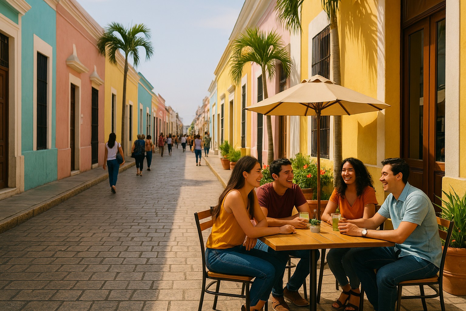 Eine lebendige Straßenszene in Mérida, Mexiko, mit pastellfarbenen Kolonialgebäuden, Palmen und jungen Erwachsenen, die an einem Café-Tisch unter einem Sonnenschirm sitzen und lachen.
