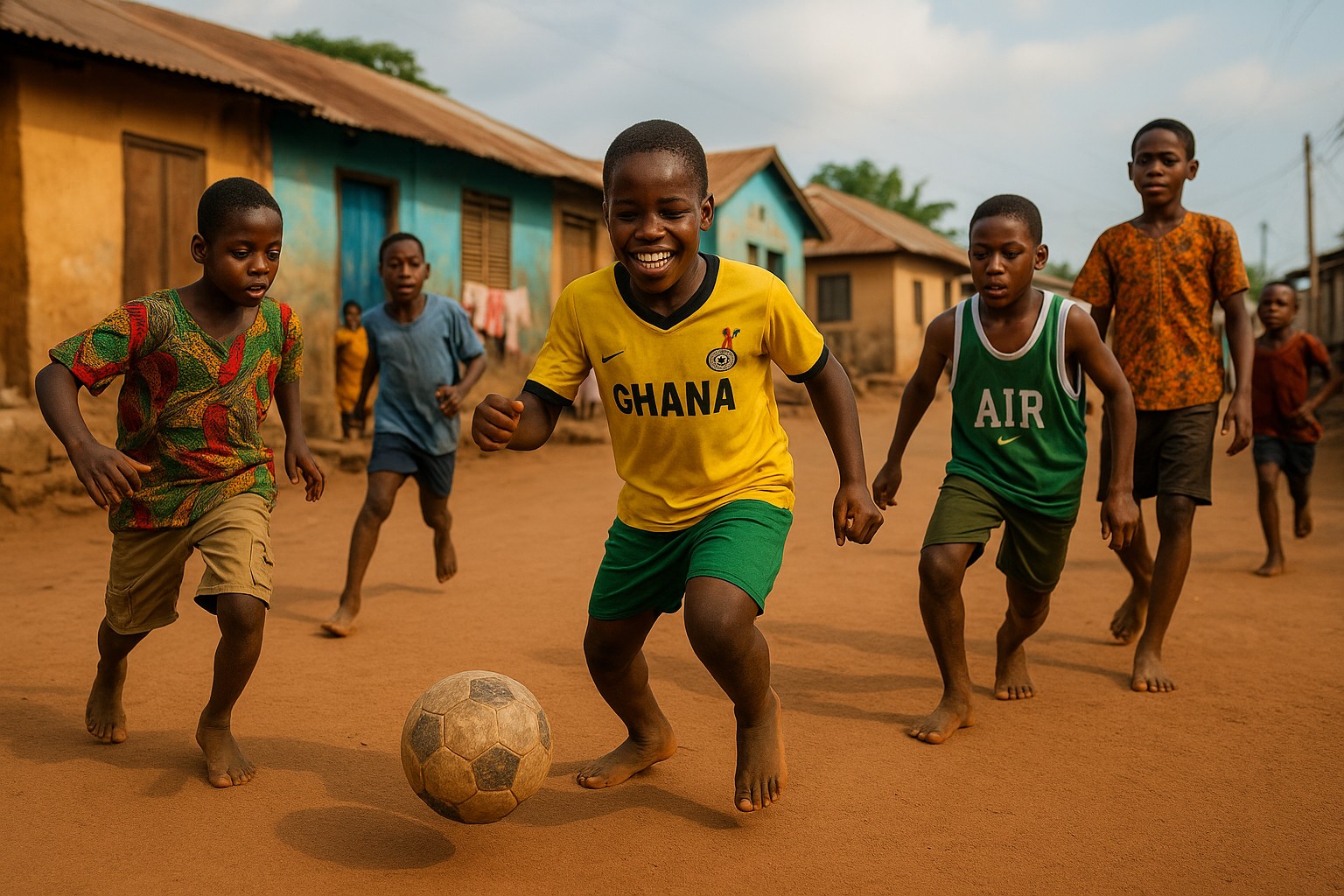 Junge ghanaische Kinder spielen barfuß Fußball auf einer staubigen Straße, während ein lachender Junge im gelben „Ghana“-Trikot den Ball energisch führt.