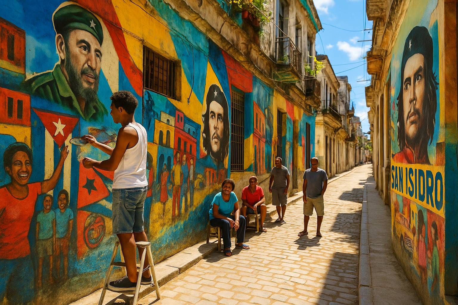 Eine belebte Straße im Stadtteil San Isidro in Havanna mit farbenfrohen Wandgemälden von Fidel Castro und Che Guevara, während ein Straßenkünstler an einem Mural arbeitet und Anwohner zusehen.
